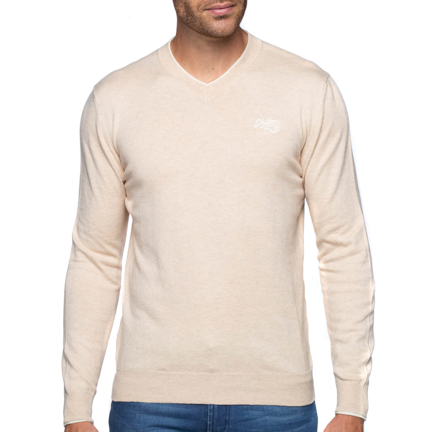 Pull col V coton laine