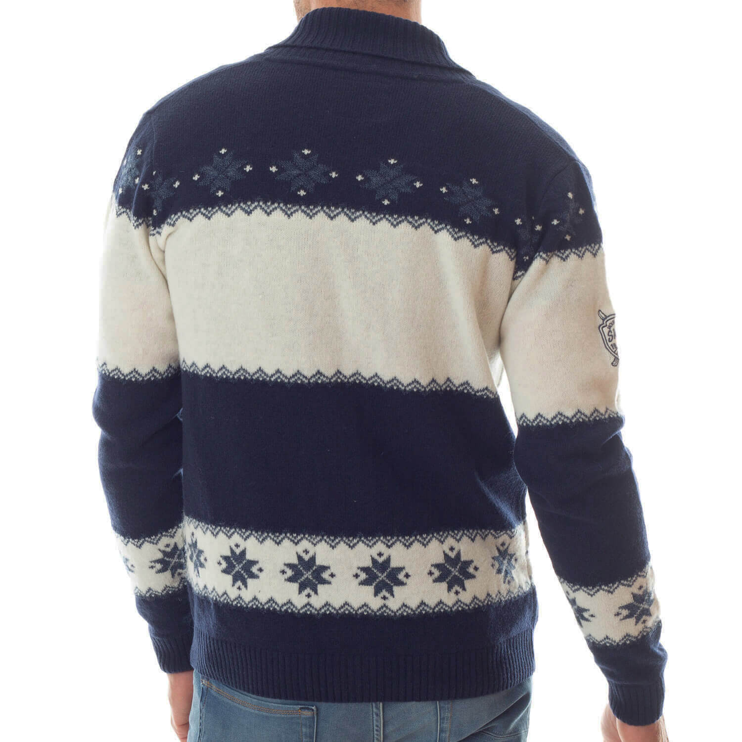 100% wool Navy mountain cardigan - back view - Shilton