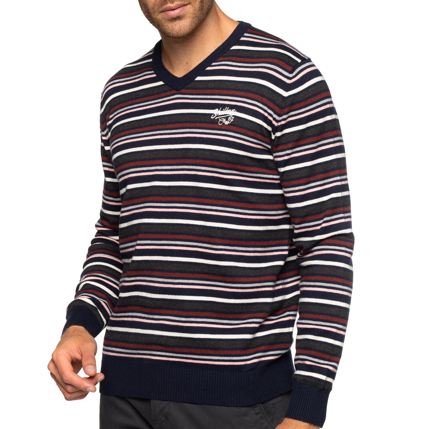 Cotton-wool striped V-neck sweater