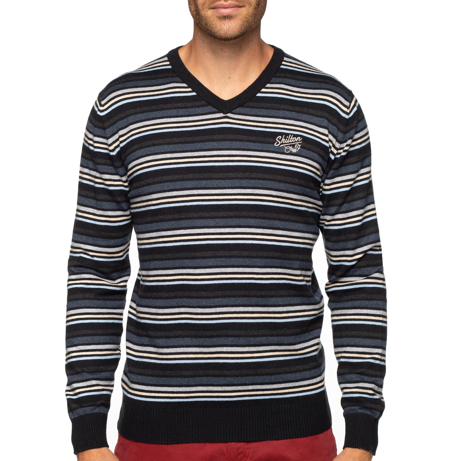 Cotton-wool striped V-neck sweater