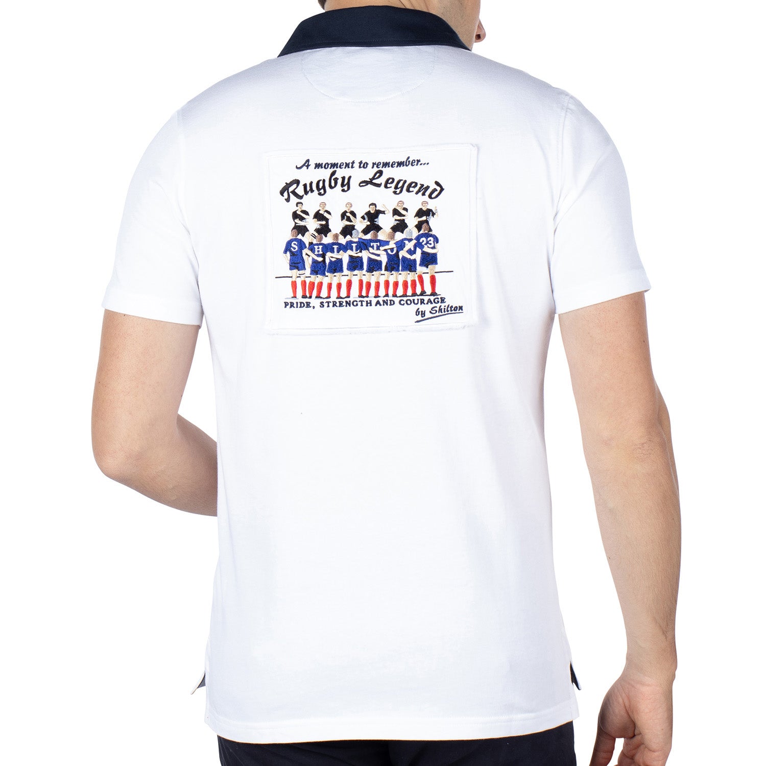Rugby legend polo shirt White - back view - Shilton