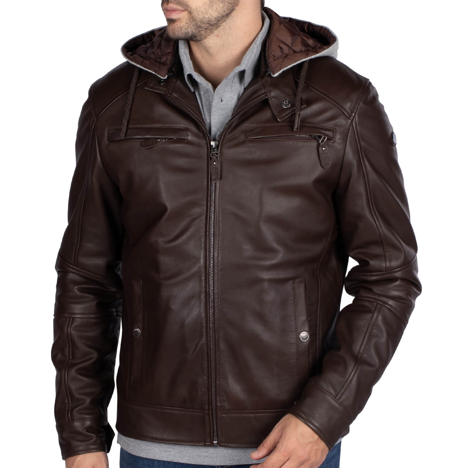 Blouson cuir à capuche