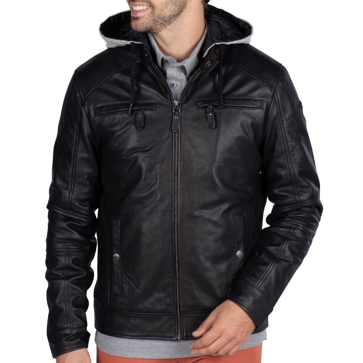 Blouson cuir à capuche
