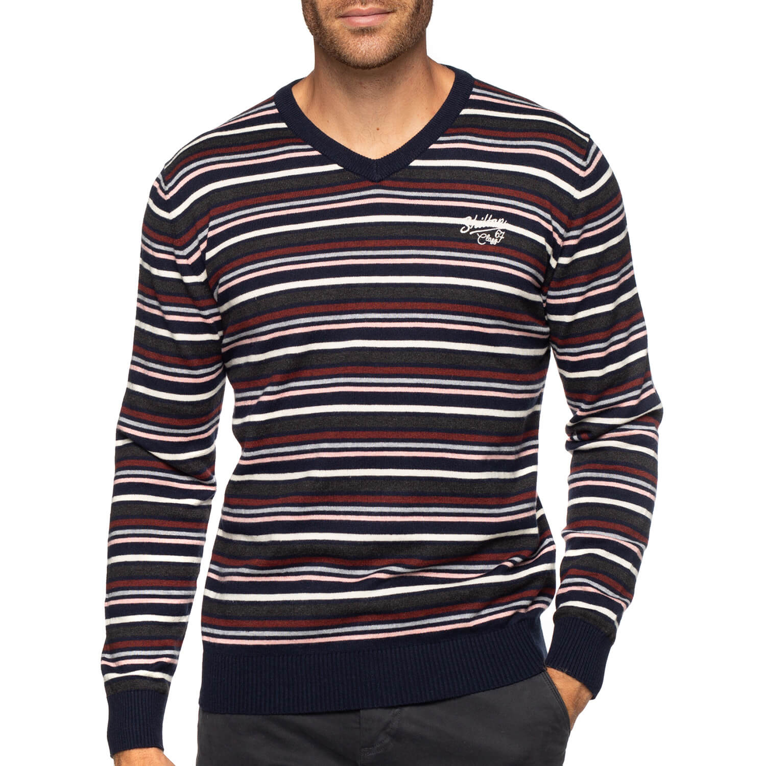 Navy cotton-wool striped V-neck sweater - Shilton