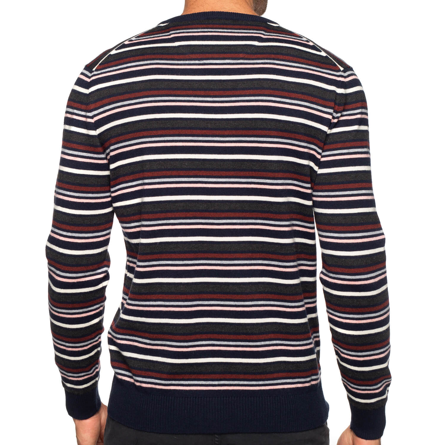 Navy cotton-wool striped V-neck sweater - seen from the back - Shilton