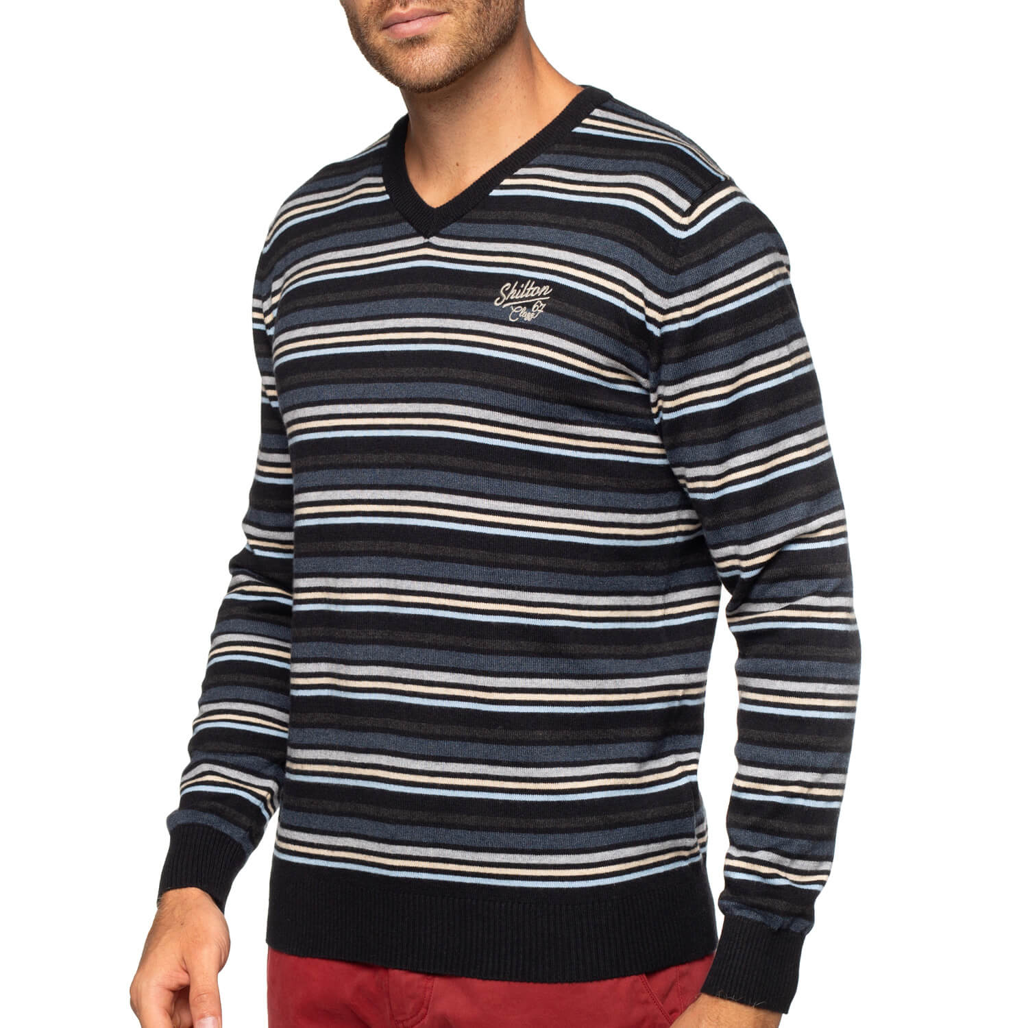 Black striped cotton-wool V-neck sweater - Shilton