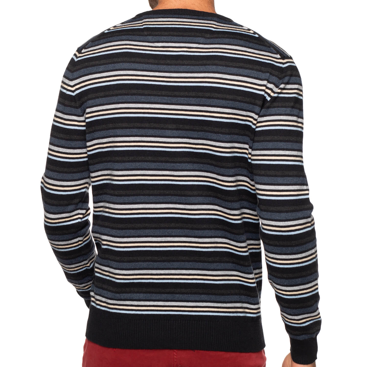 Black cotton-wool striped V-neck sweater - back view - Shilton