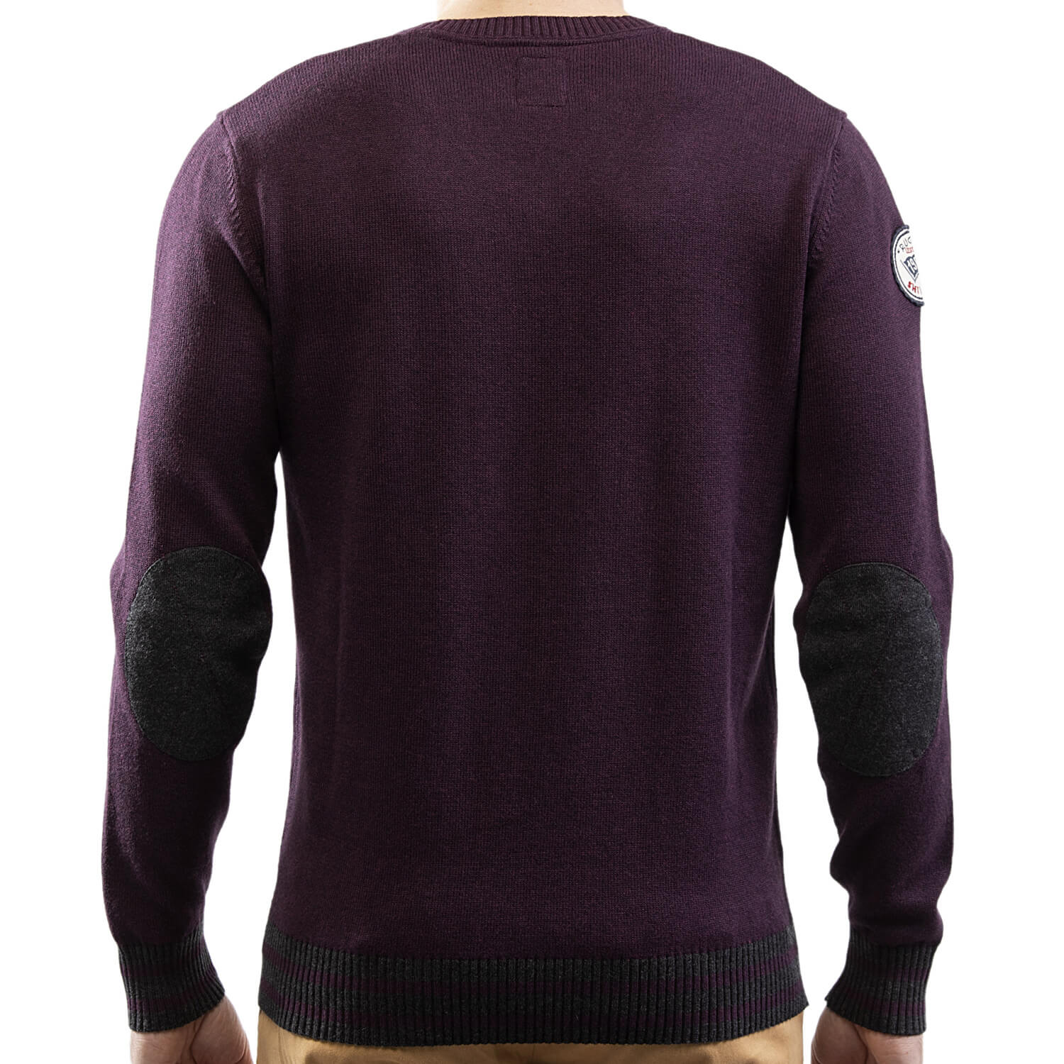 Bordeaux V-neck patch sweater - back view - Shilton