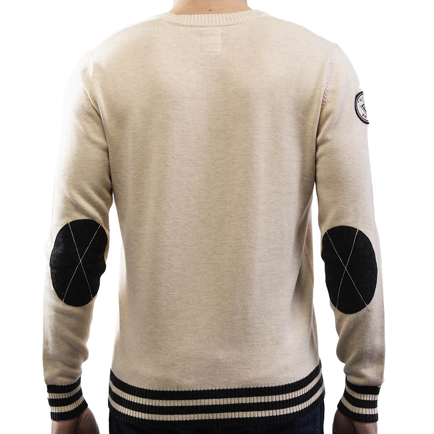 Ecru V-neck patch sweater - back view - Shilton
