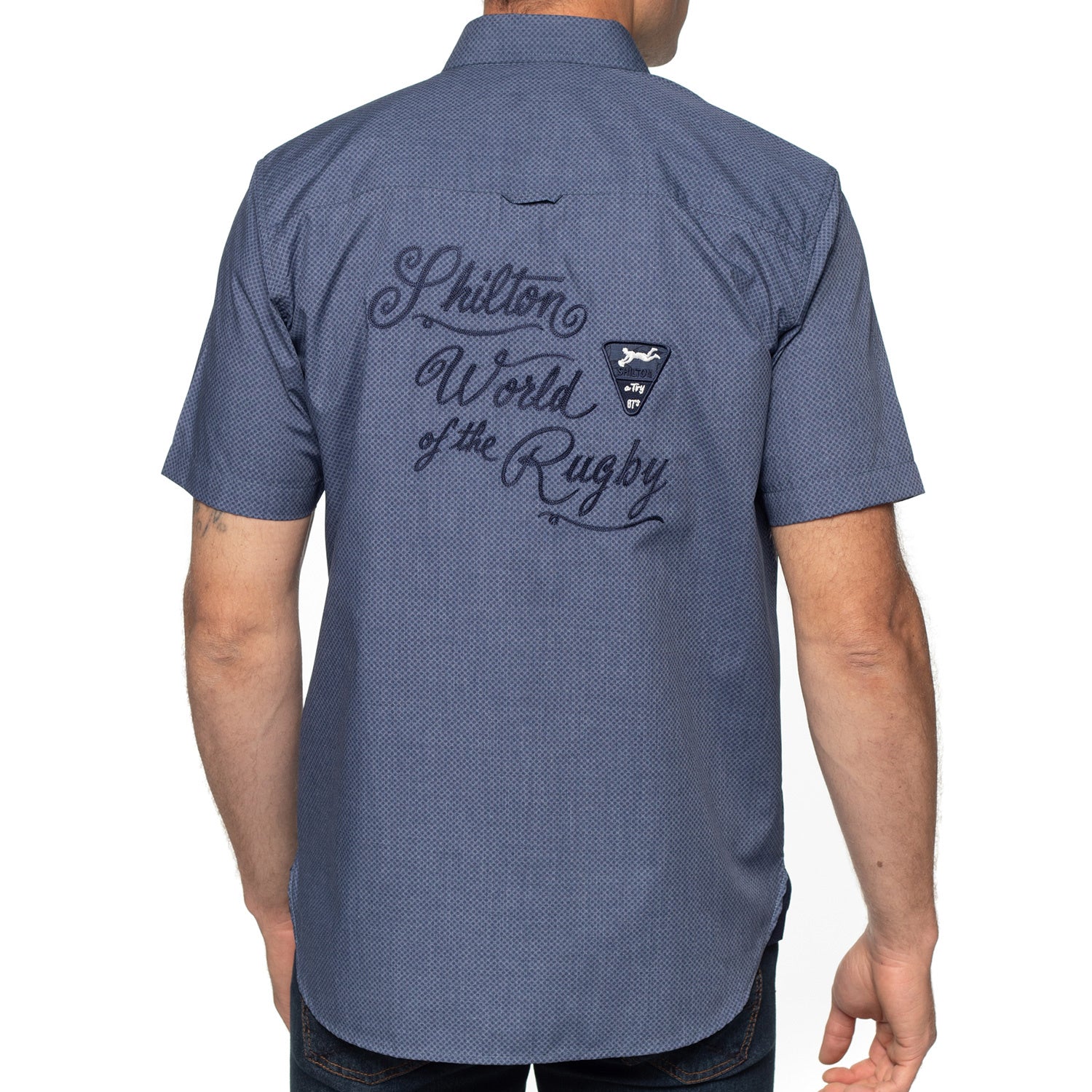 Navy world rugby shirt - back view - Shilton