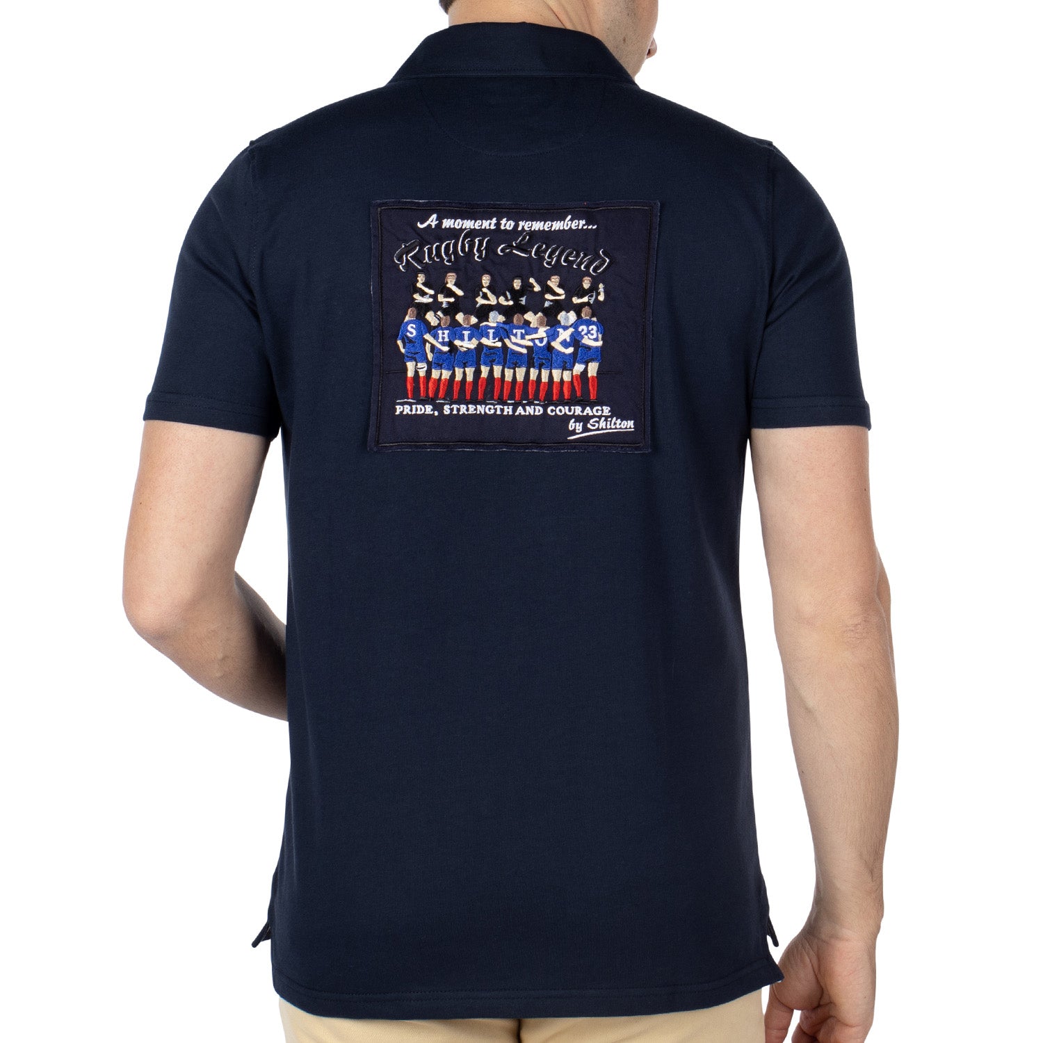 Rugby legend Navy polo shirt - back view - Shilton