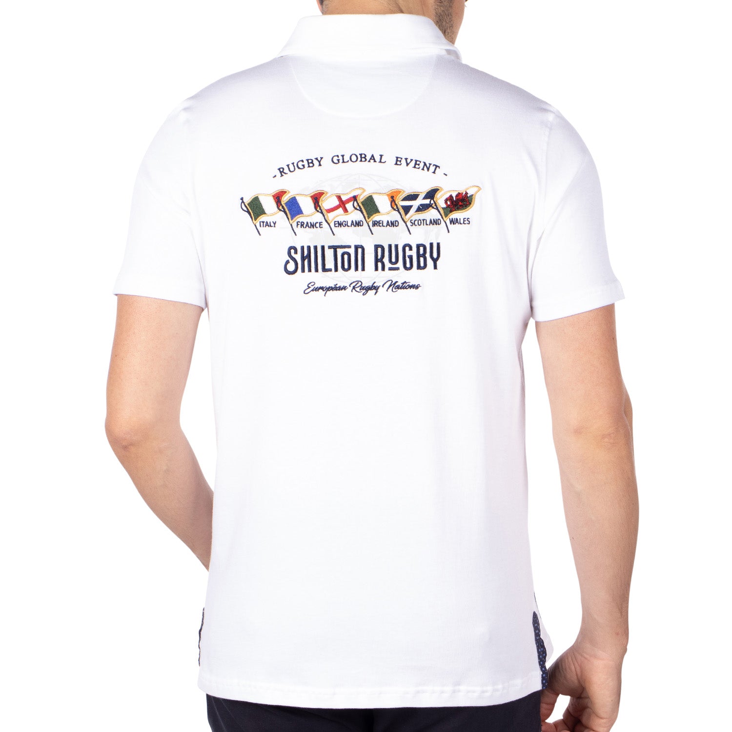 european rugby nations white polo shirt - back view - Shilton