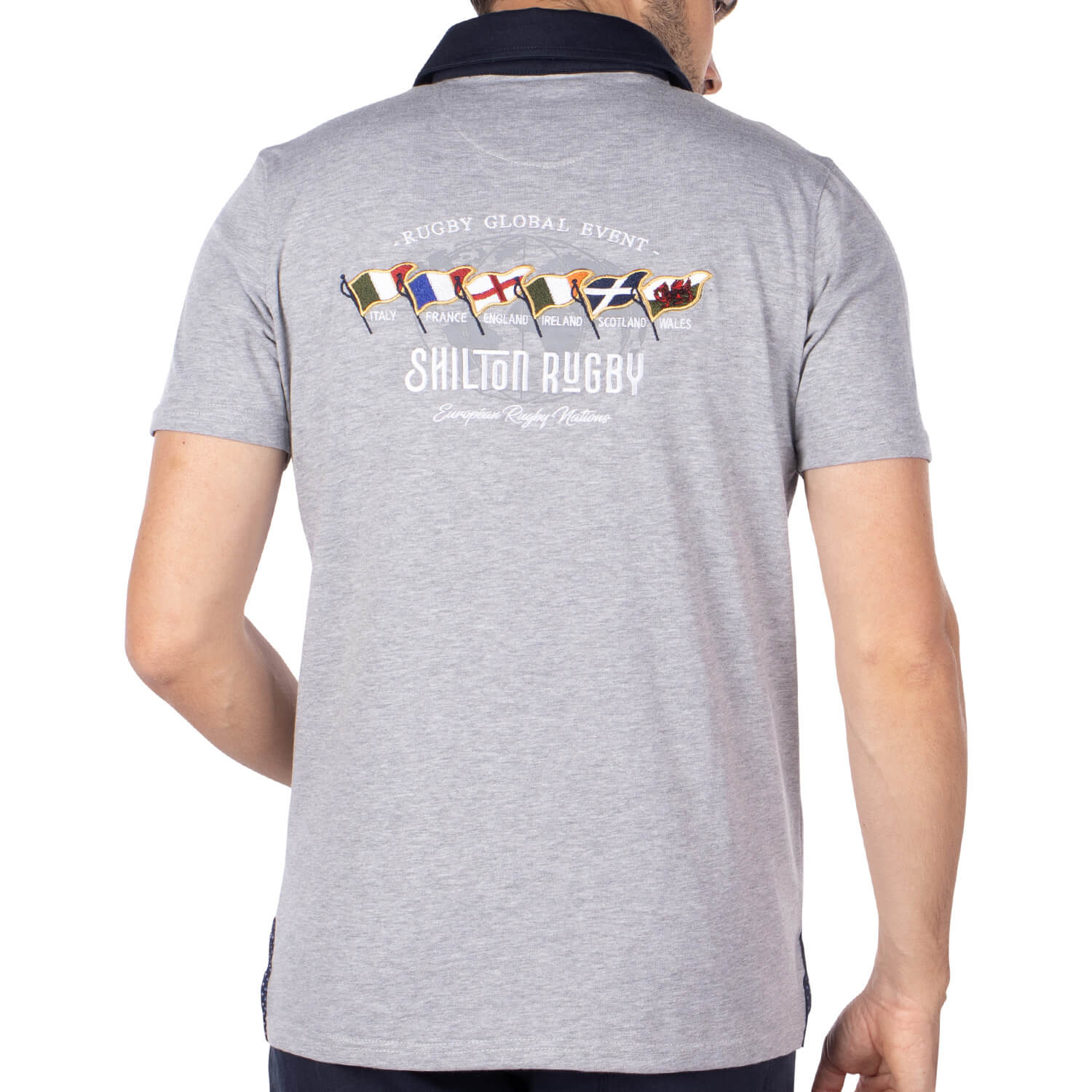 european rugby nations polo shirt Grey - back view - Shilton