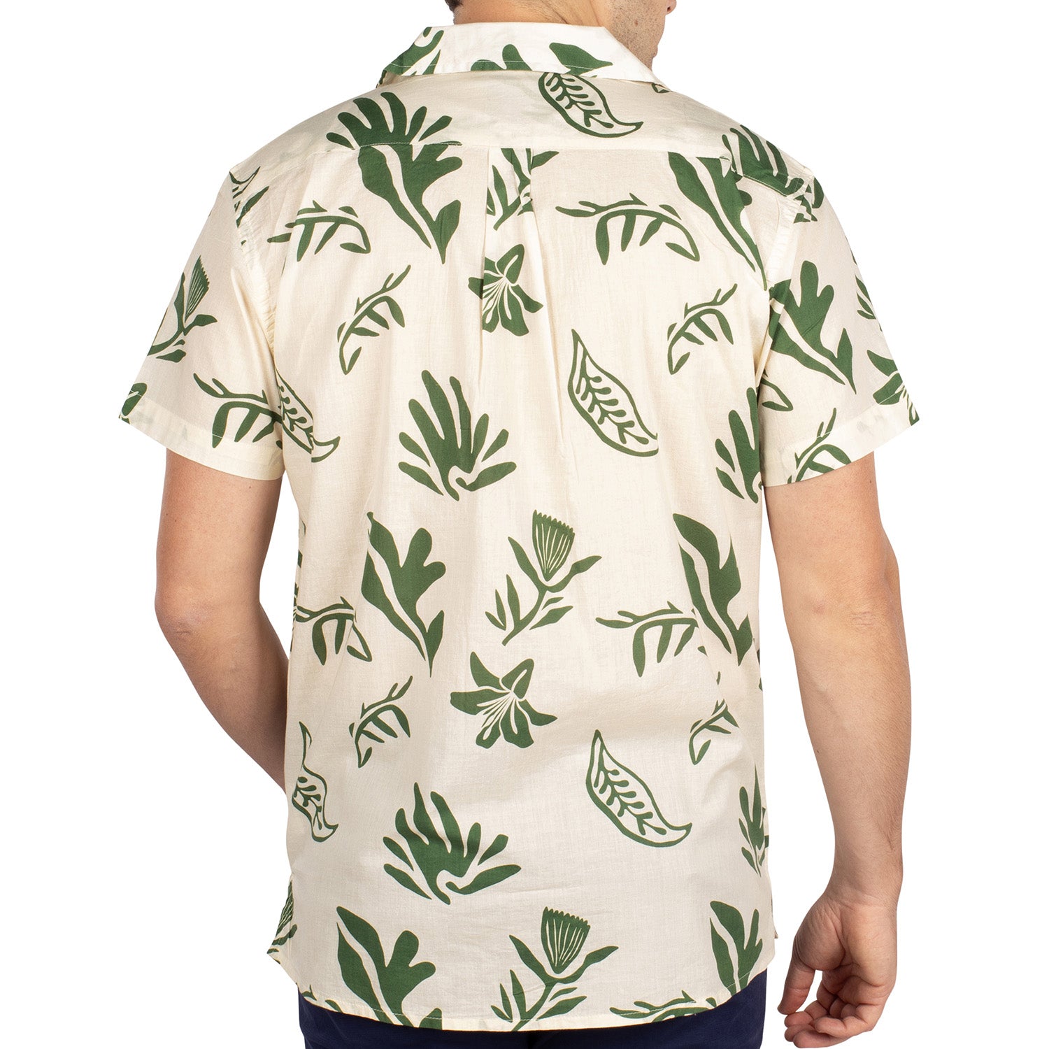 Beige and green floral blouse, back view