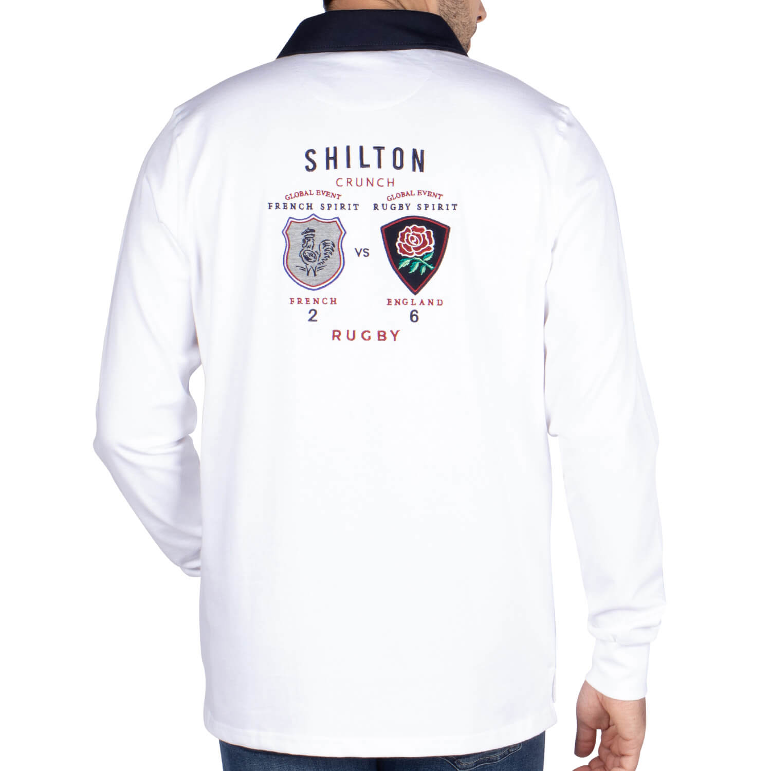 White crunch rugby polo shirt - back view - Shilton