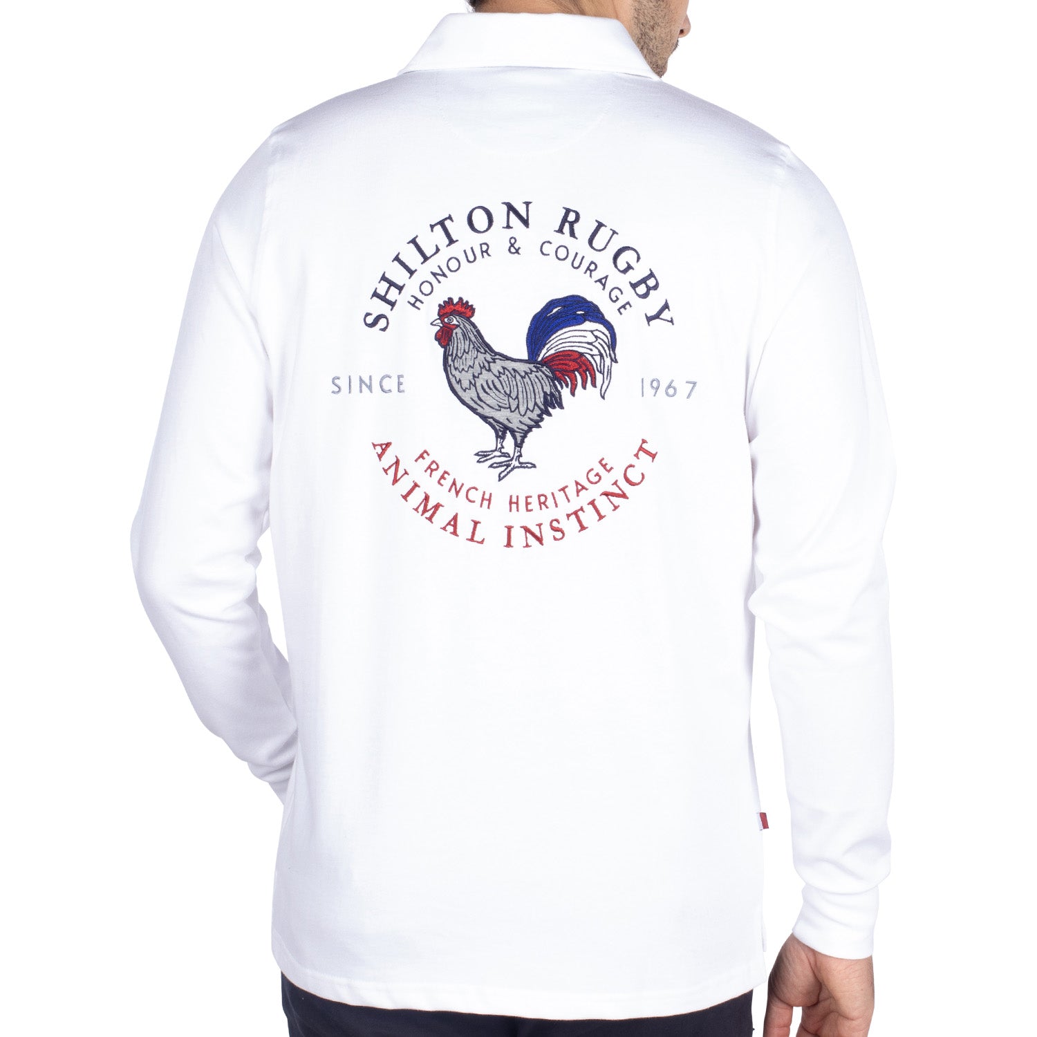 Heritage white rugby polo shirt - back view - Shilton