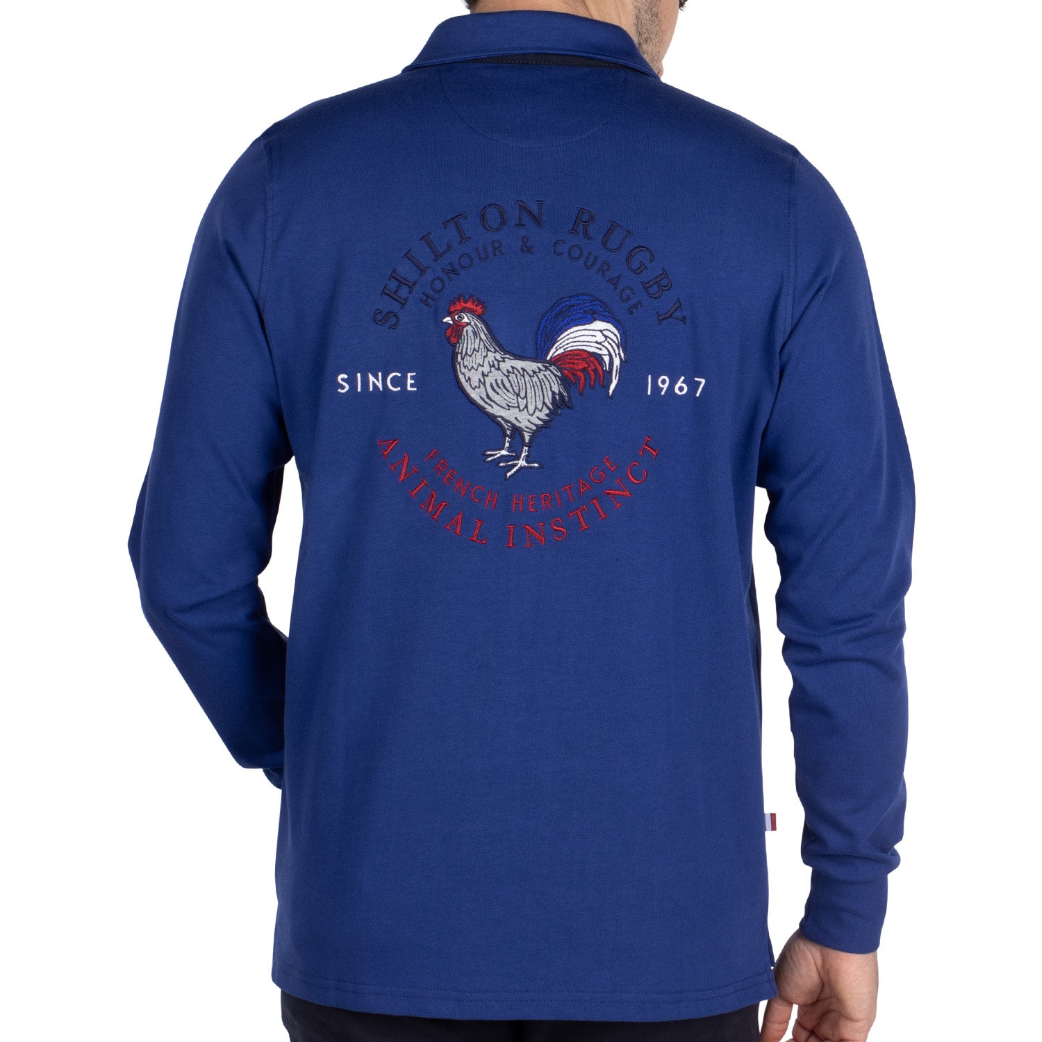 Heritage blue rugby polo shirt - back view - Shilton