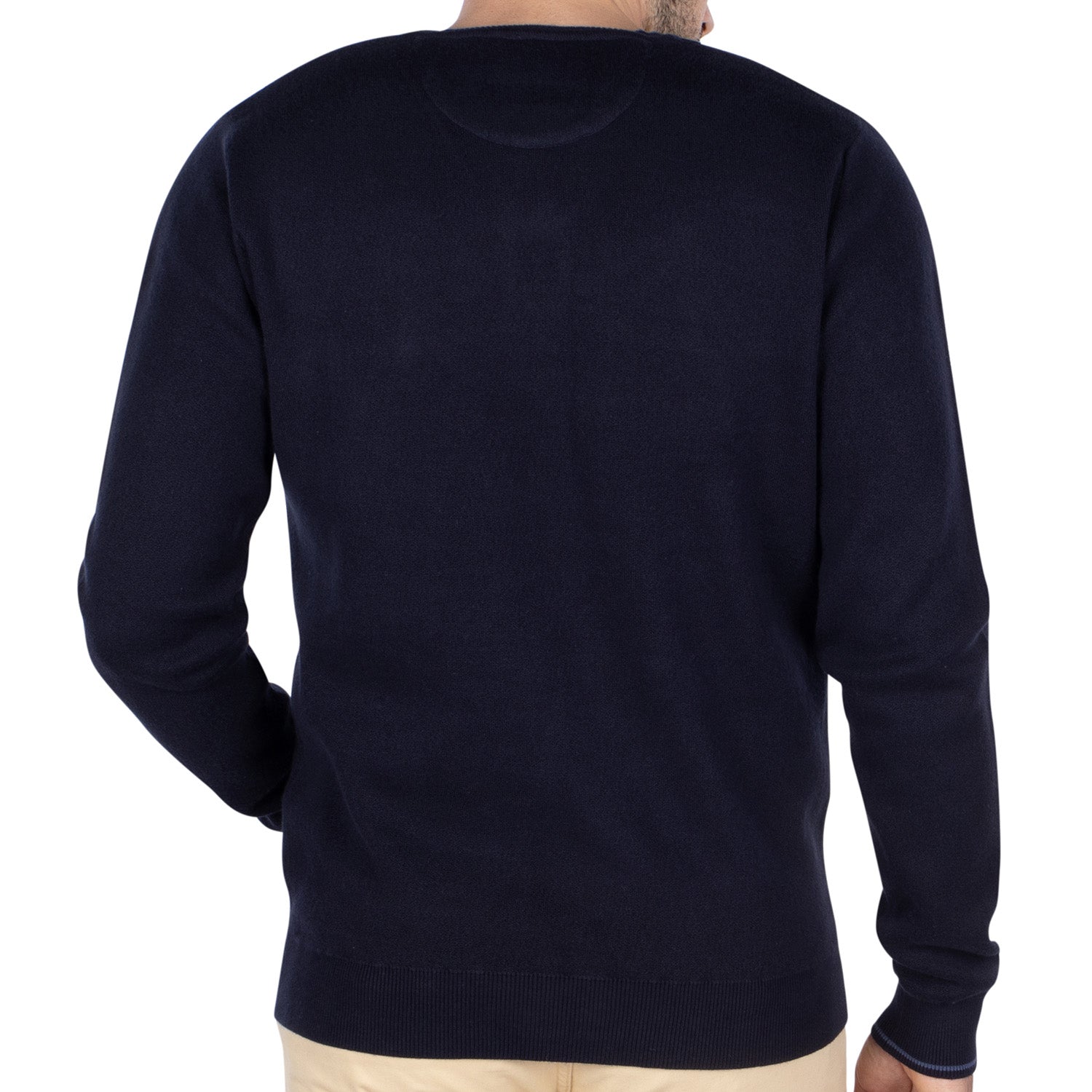 City Navy v-neck sweater - back view - Shilton