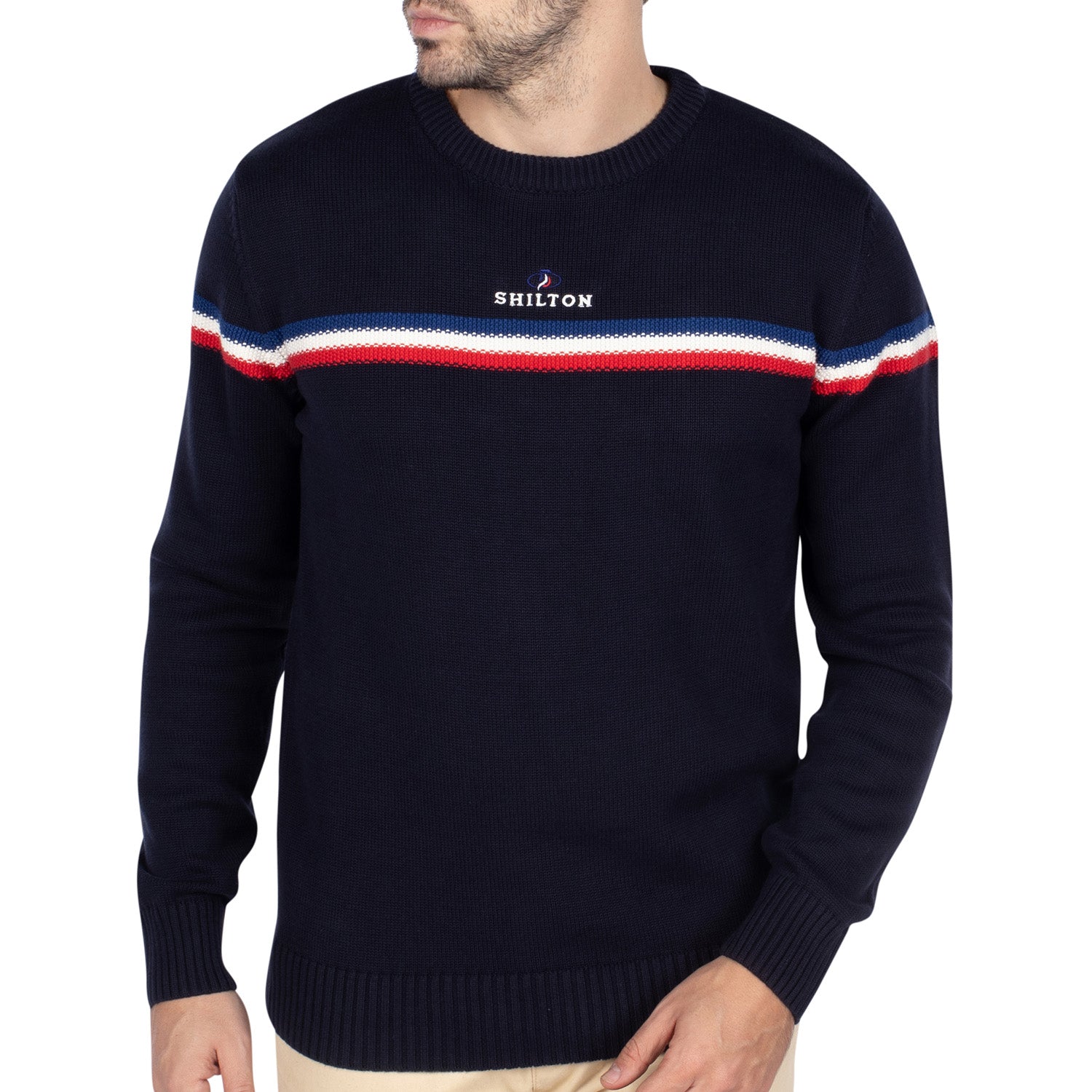 Three-tone round-neck sweater