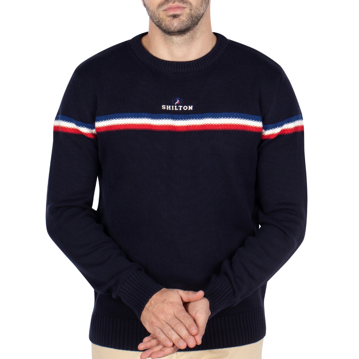 Navy tricolour round-neck sweater - Shilton