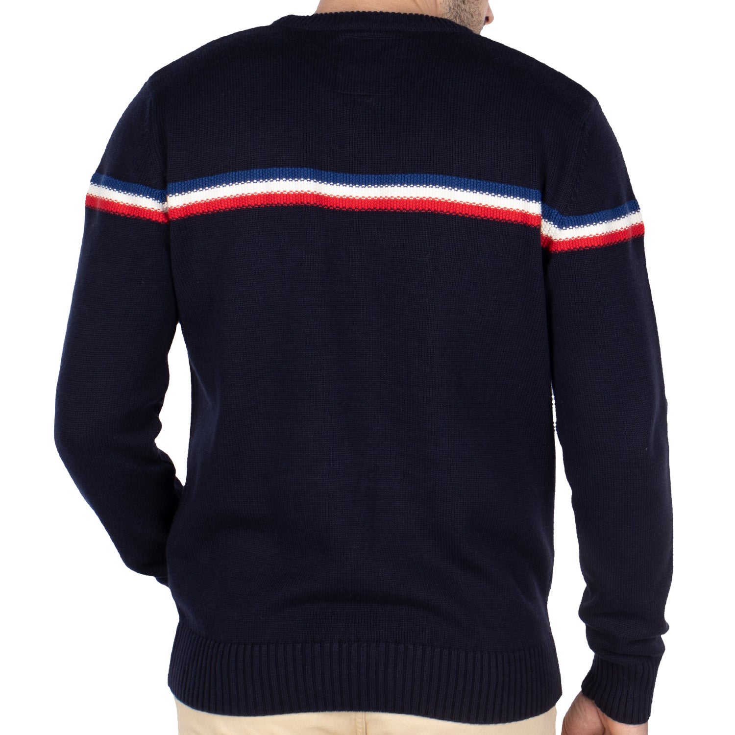 Navy three-toned round-neck sweater - back view - Shilton